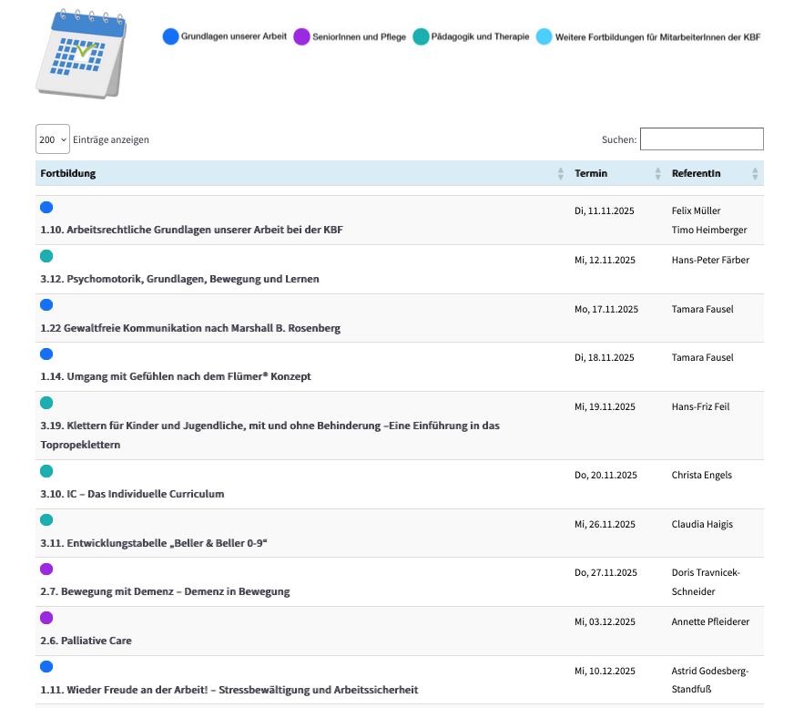 Ansicht Fortbildungskalender der KBF Mössingen